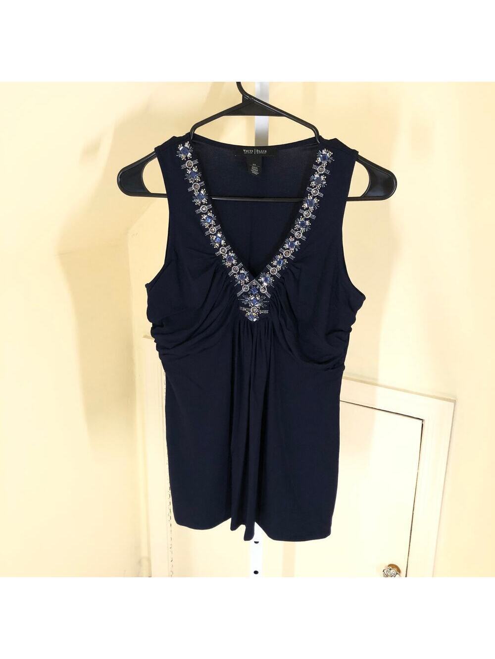 White House Black Market NWOT Womens Sleeveless Ruched Blue Tank Jeweled Neck XS